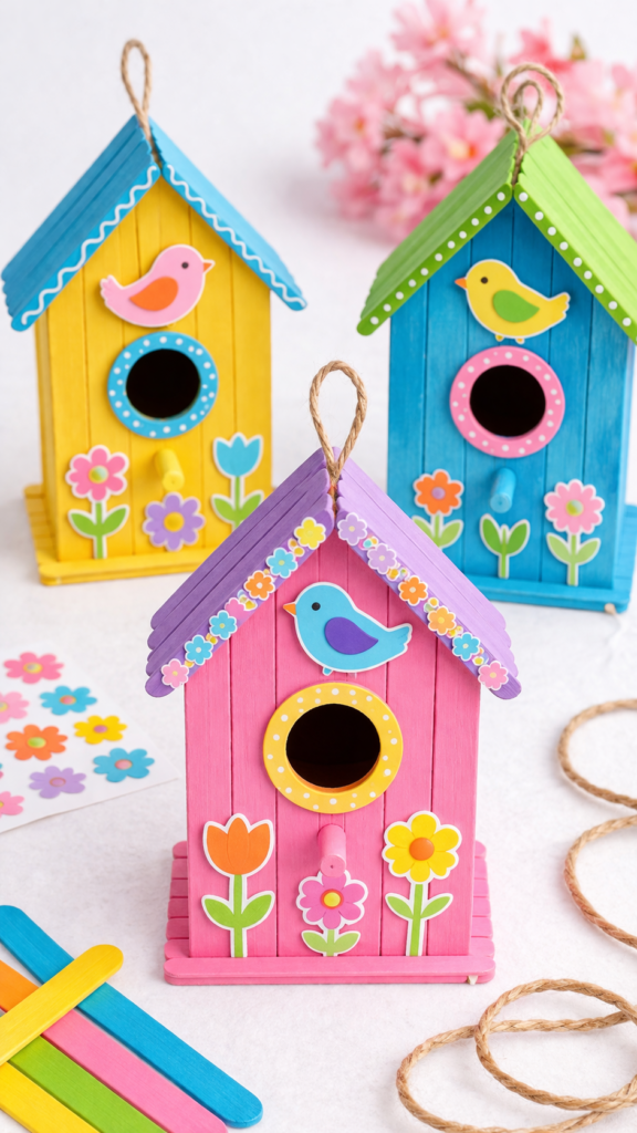 Colorful handmade birdhouses for spring
