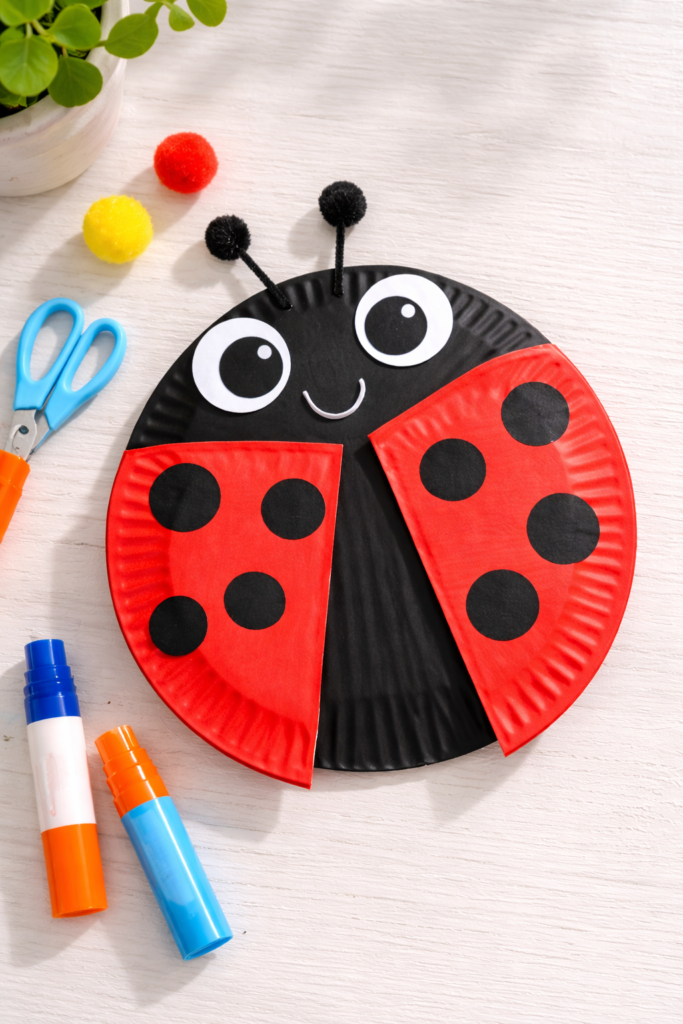 Colorful ladybug craft on wood