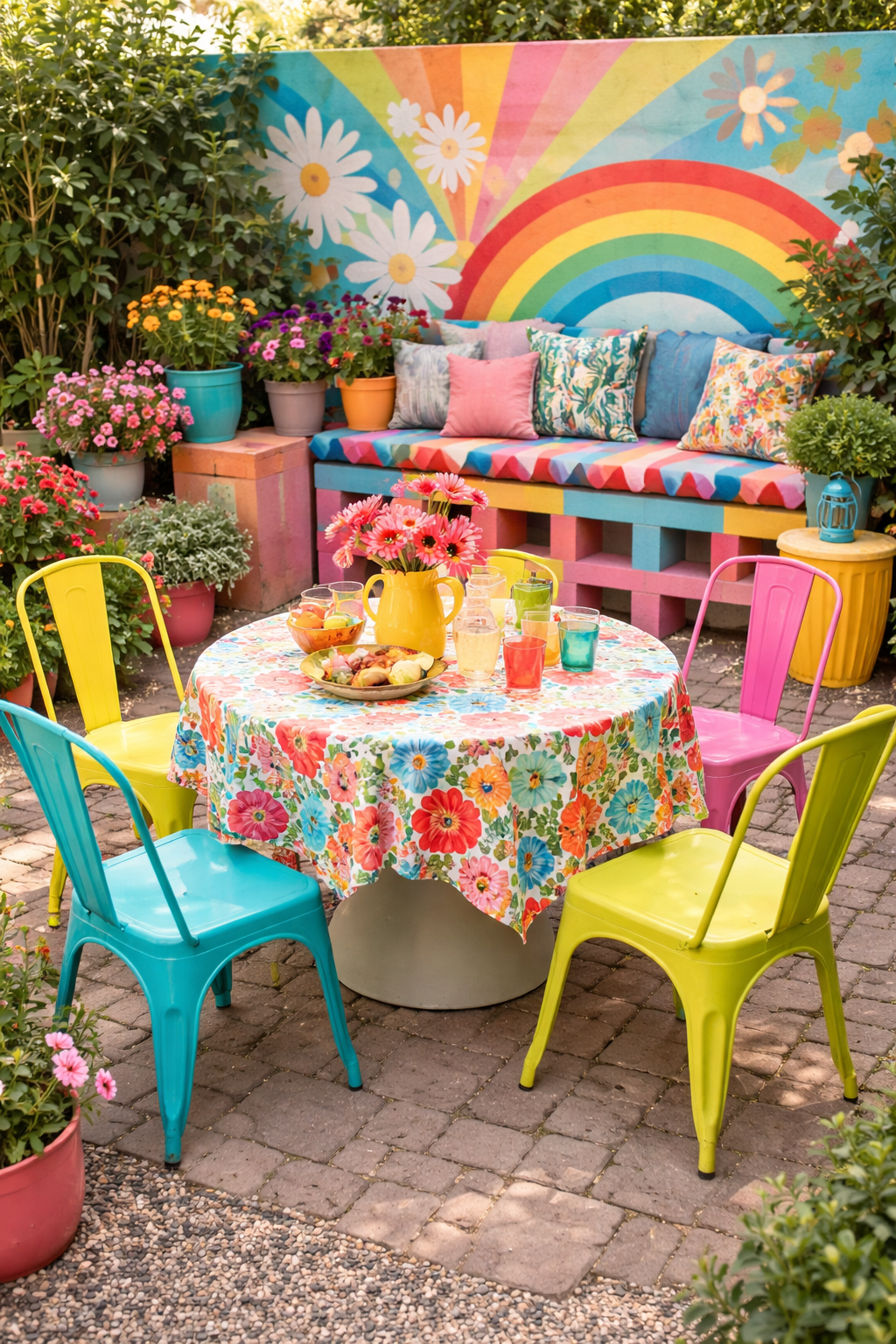 Colorful outdoor patio with bold dopamine decor
