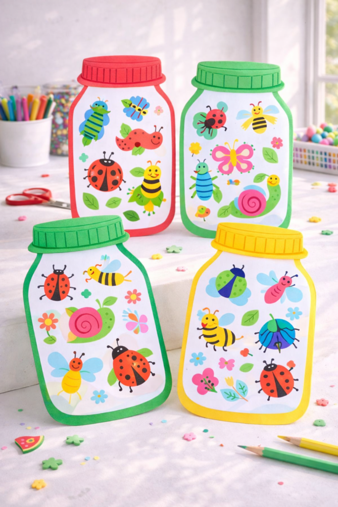 Colorful paper bug jars in classroom