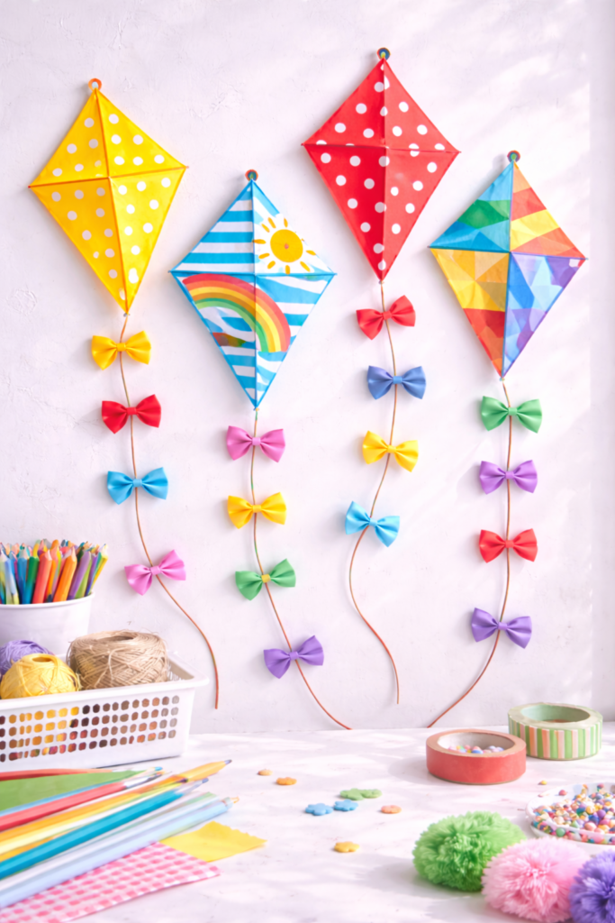 Colorful paper kites and craft supplies