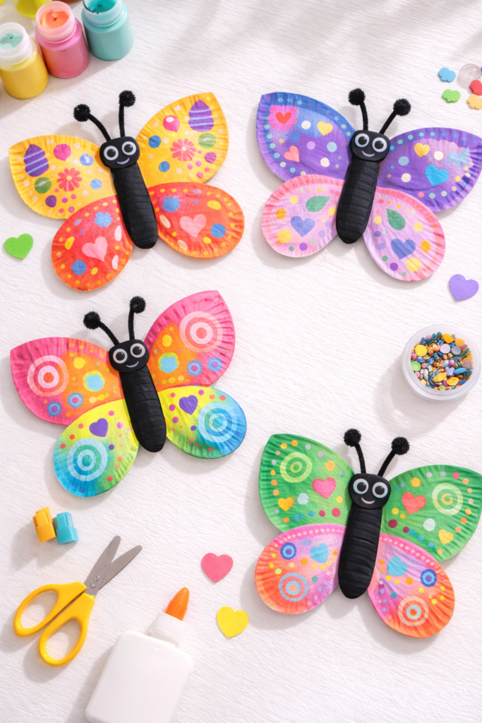 Colorful paper plate butterflies craft display