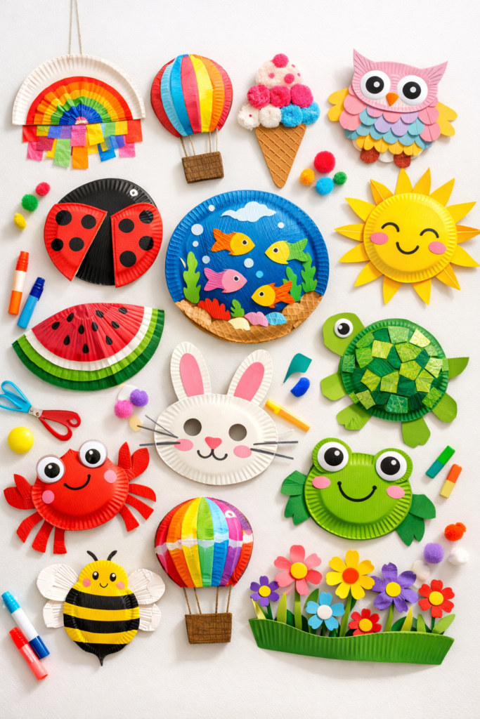 Colorful paper plate crafts display