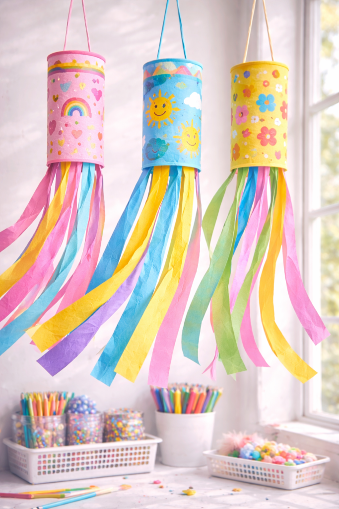 Colorful paper wind catchers by the window