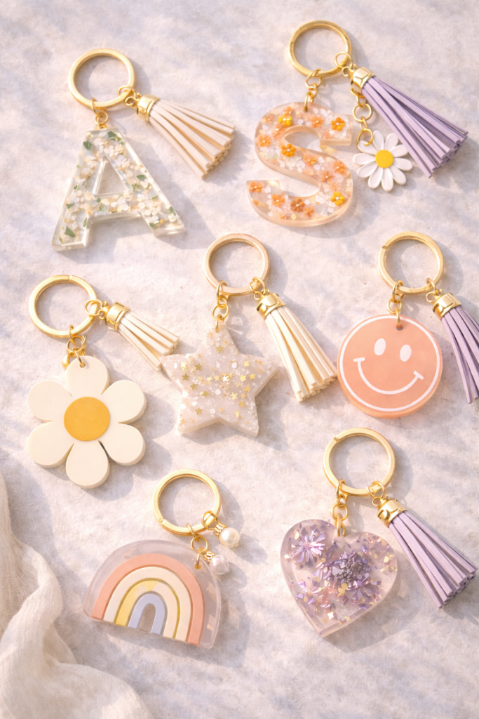 Colorful resin keychains with tassels
