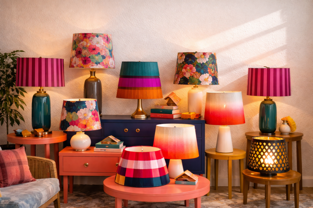 Colorful table lamps in eclectic setting - DIY Lampshade