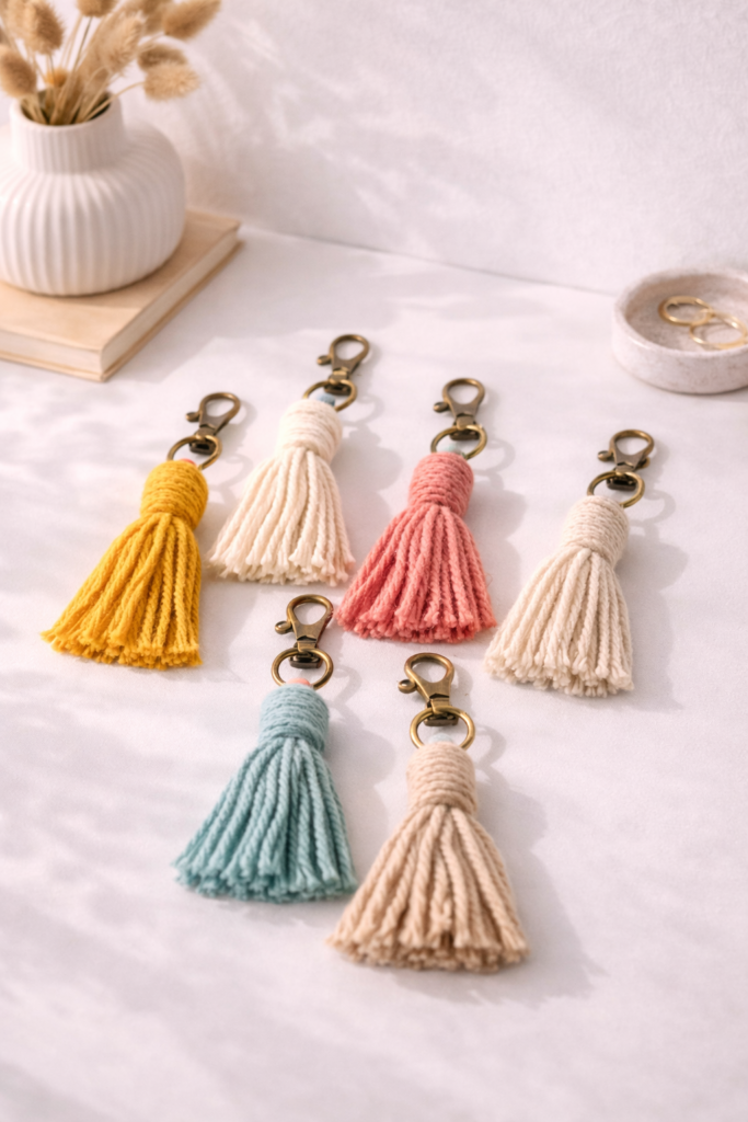 Colorful tassel keychains on white surface