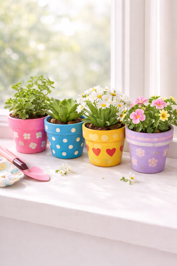 Colorful terracotta pots on a windowsill