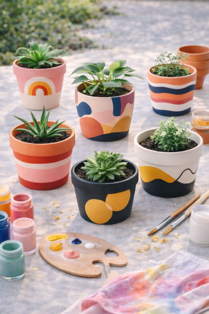 Colorful terracotta pots with plants