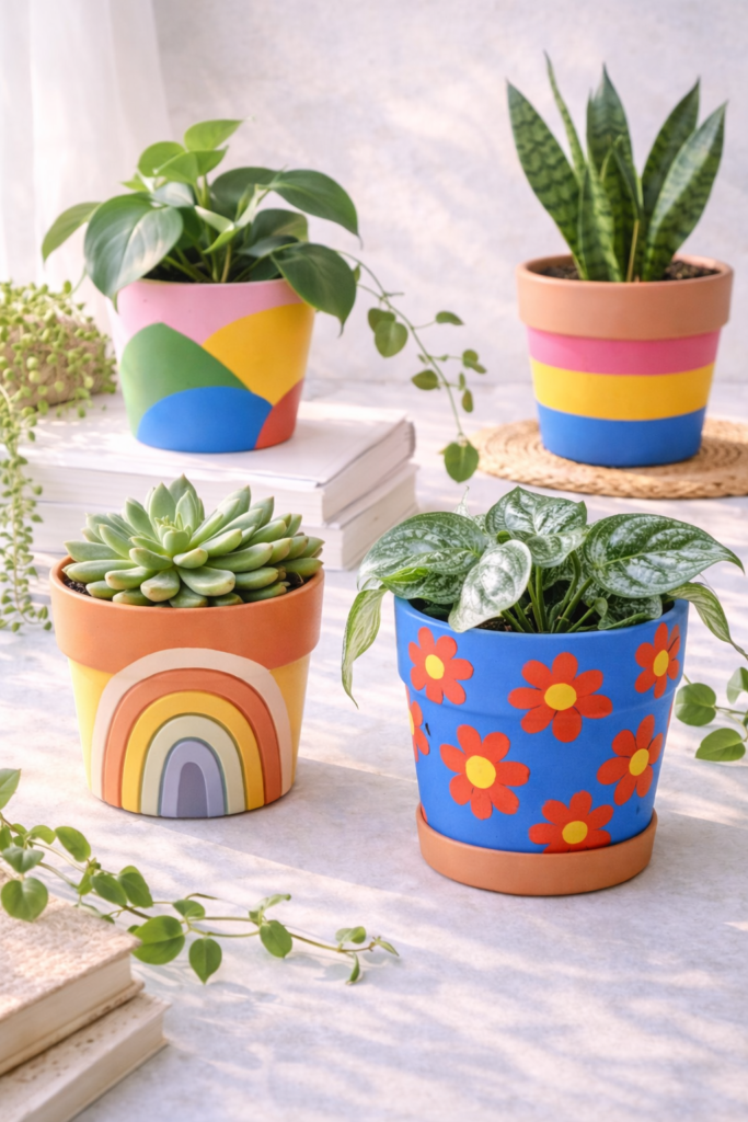 Colorful terracotta pots with vibrant plants