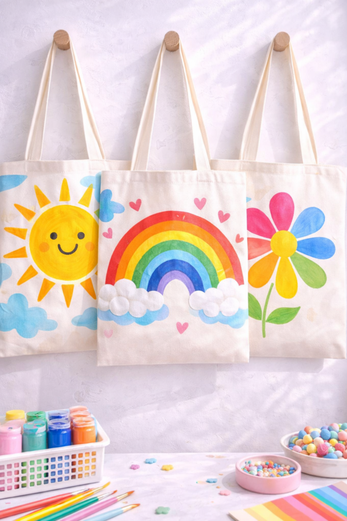 Colorful tote bags with playful designs