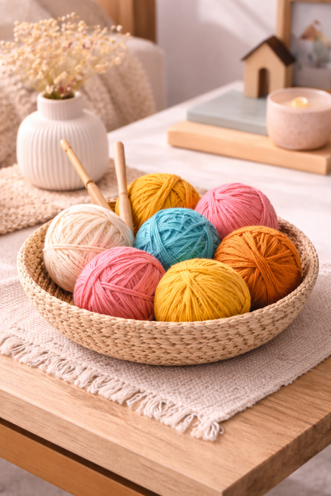 Colorful yarn bowl on wooden table