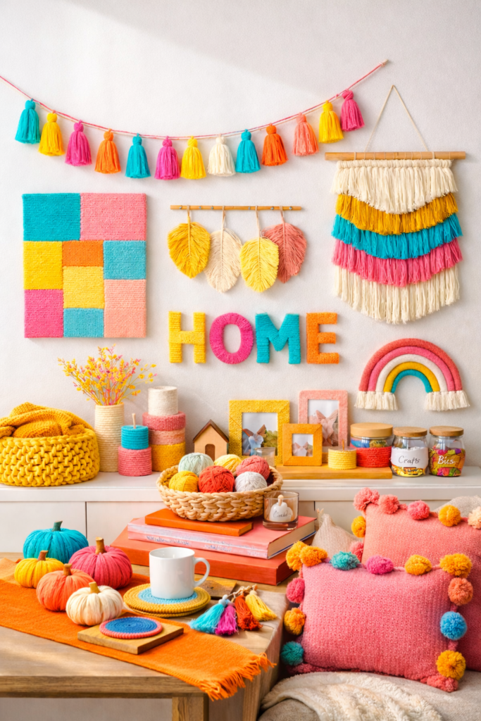 Colorful yarn crafts in home decor