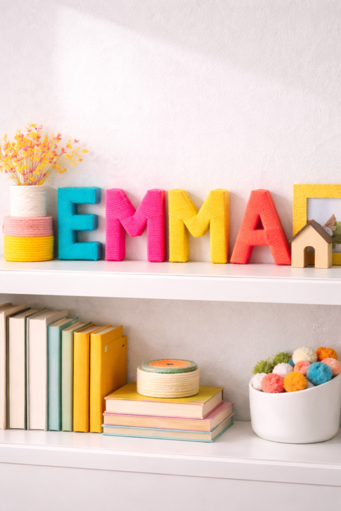 Colorful yarn decor on a shelf
