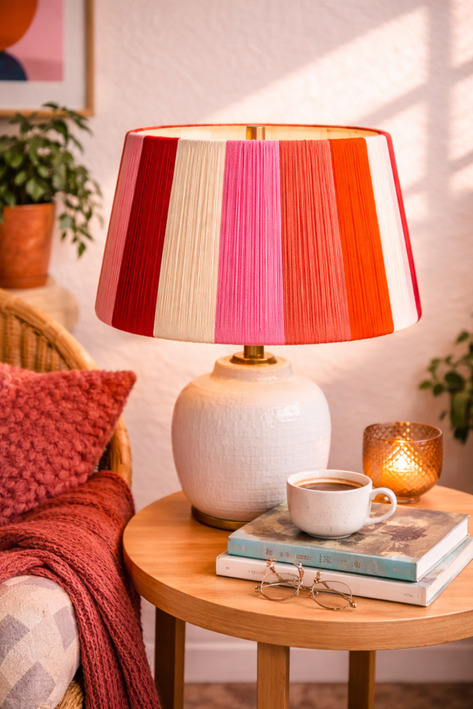 Colorful yarn lamp on a cozy table