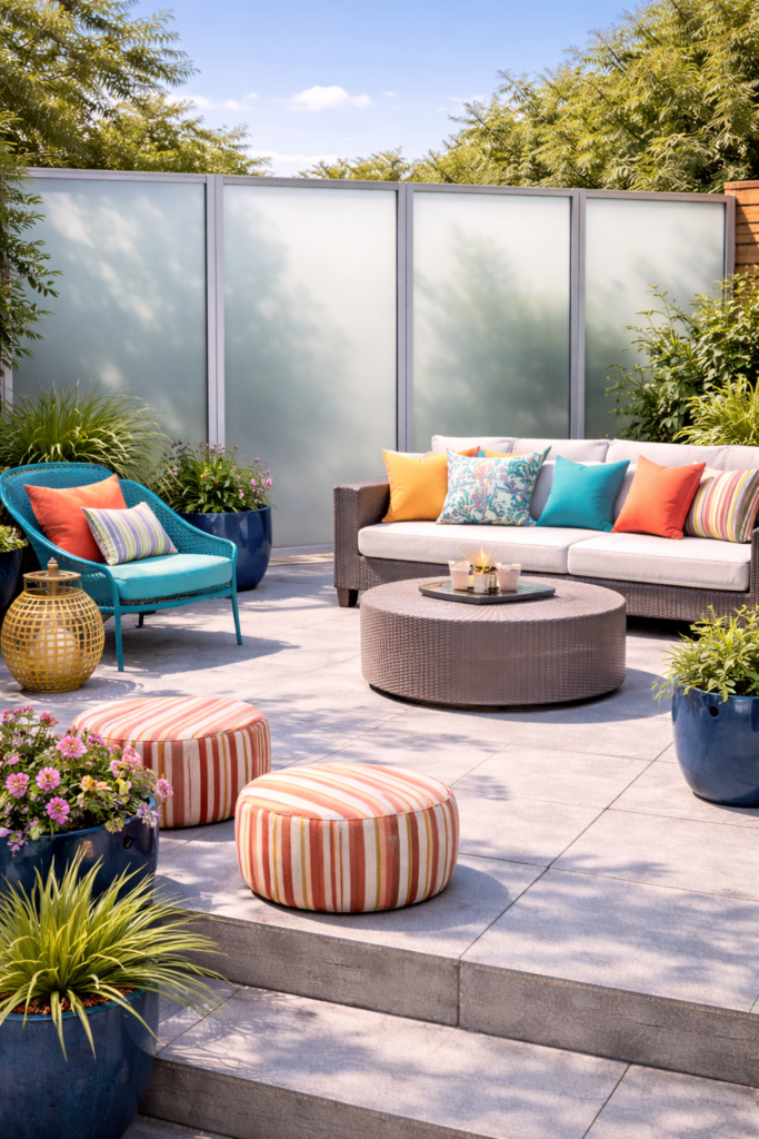 Contemporary patio with vibrant seating