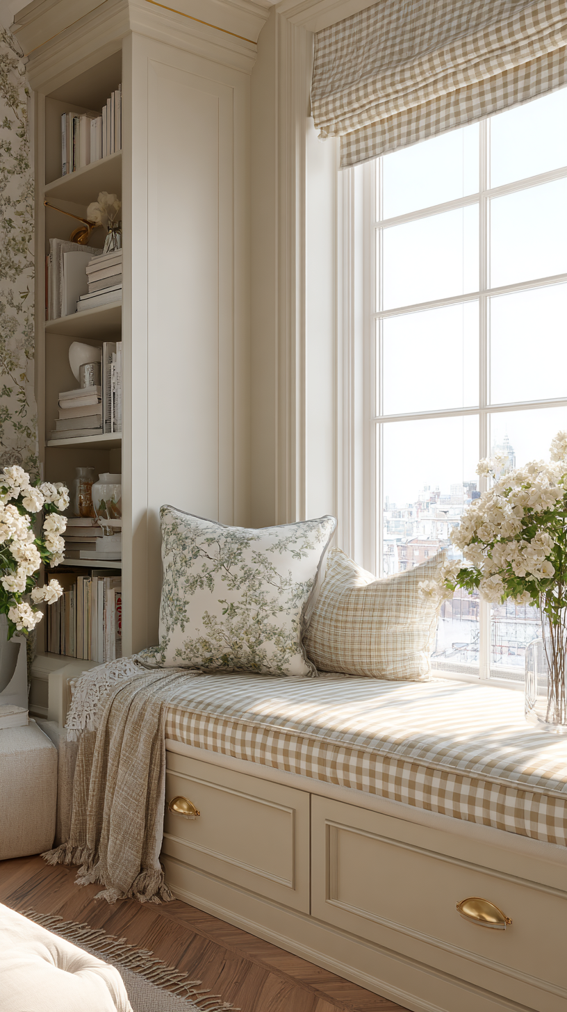 Cottagecore-inspired one-bedroom apartment with soft floral and gingham accents, featuring a built-in window seat
