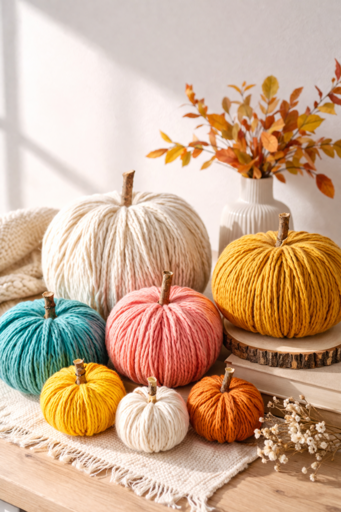 Cozy autumn still life with yarn pumpkins