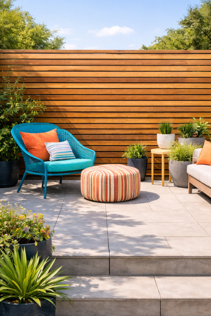 Cozy backyard retreat with vibrant accents - Garden Privacy Ideas