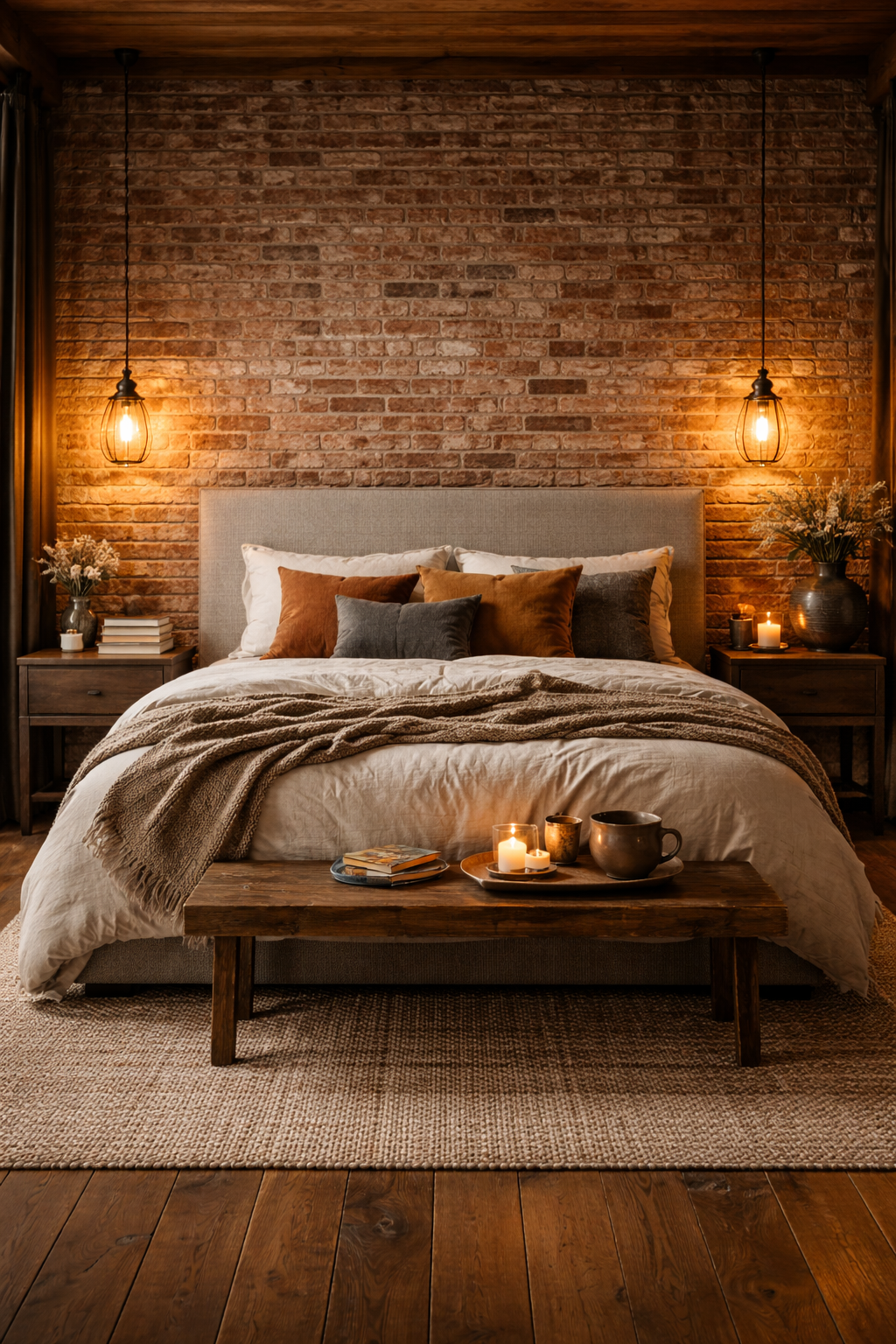 Exposed brick wall illuminated by warm amber lighting - Industrial Design Ideas