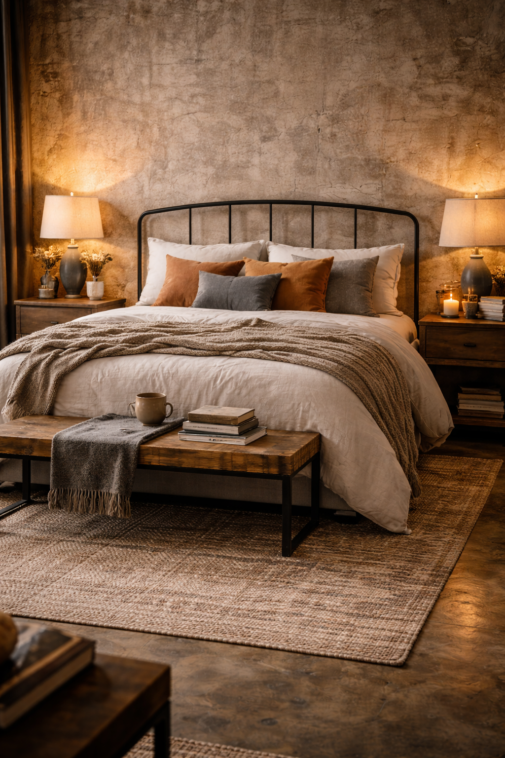 Metal bed frame layered with cozy linen bedding