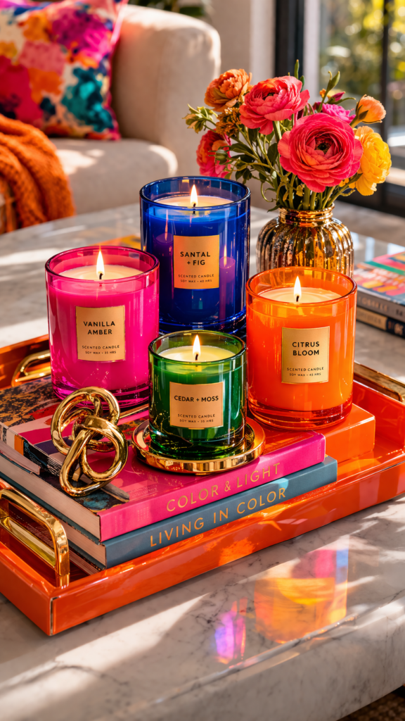 Cozy candlelit vignette with vibrant decor