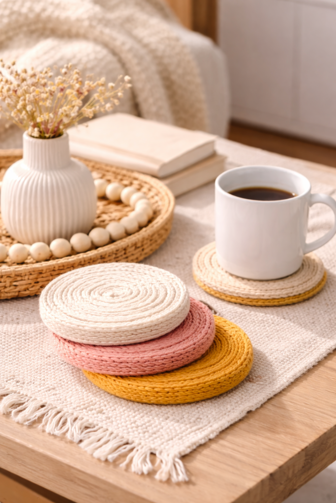 Cozy coffee table styling with yarn coasters