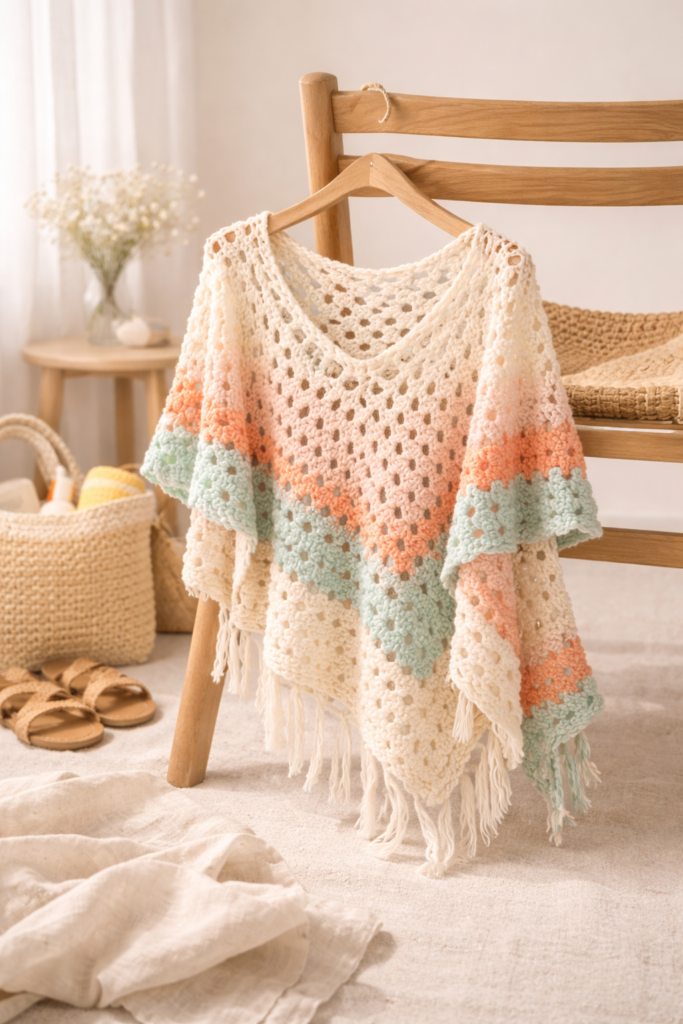 Cozy crochet poncho in sunlit room