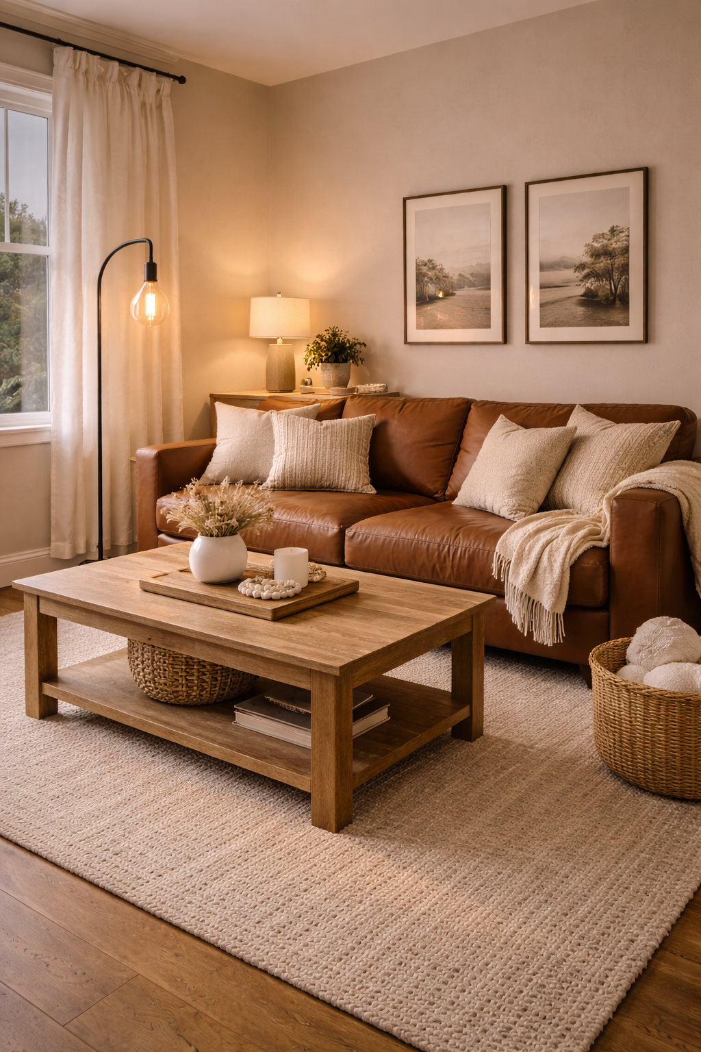 Cozy evening in a neutral living room