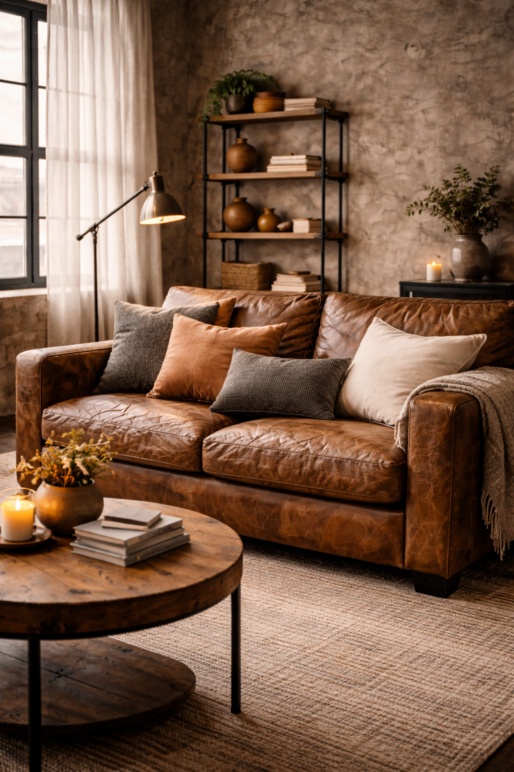 Distressed leather sofa layered with soft throw pillows