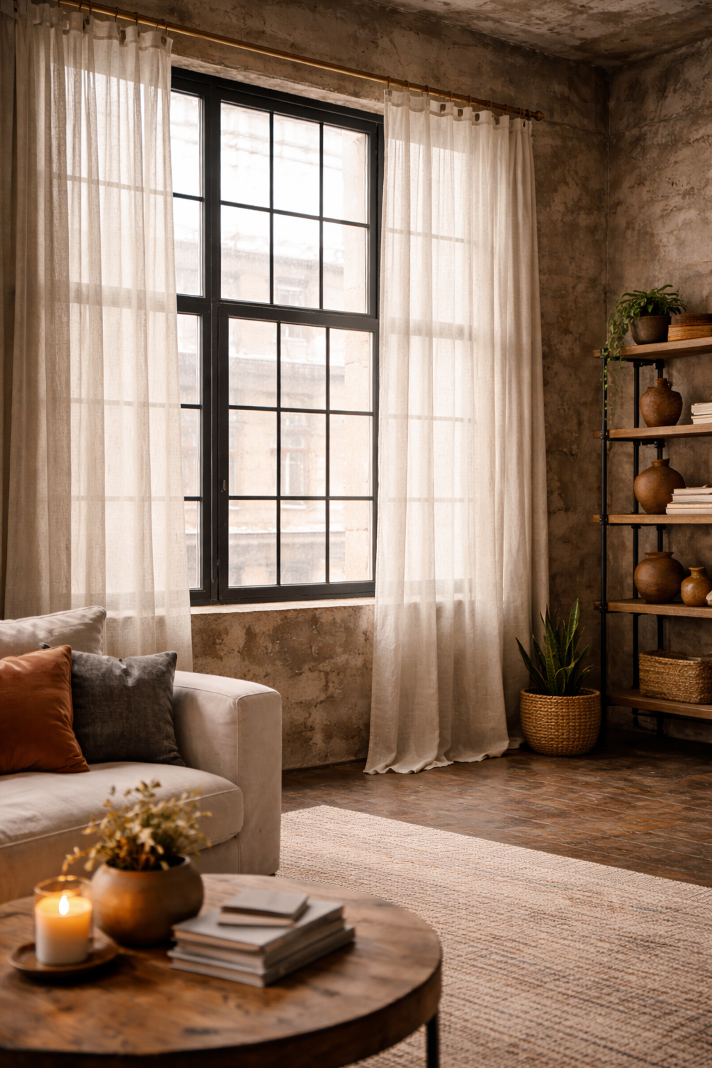 Factory windows softened by sheer linen curtains