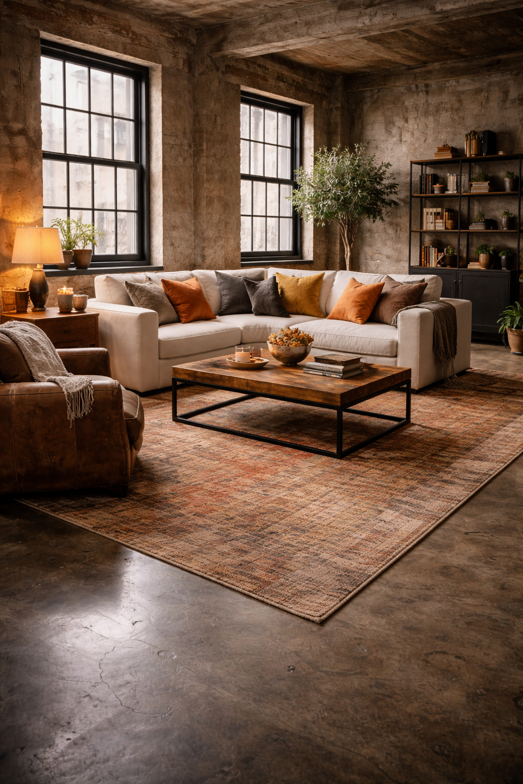 Plush area rug softening concrete floors in an industrial loft