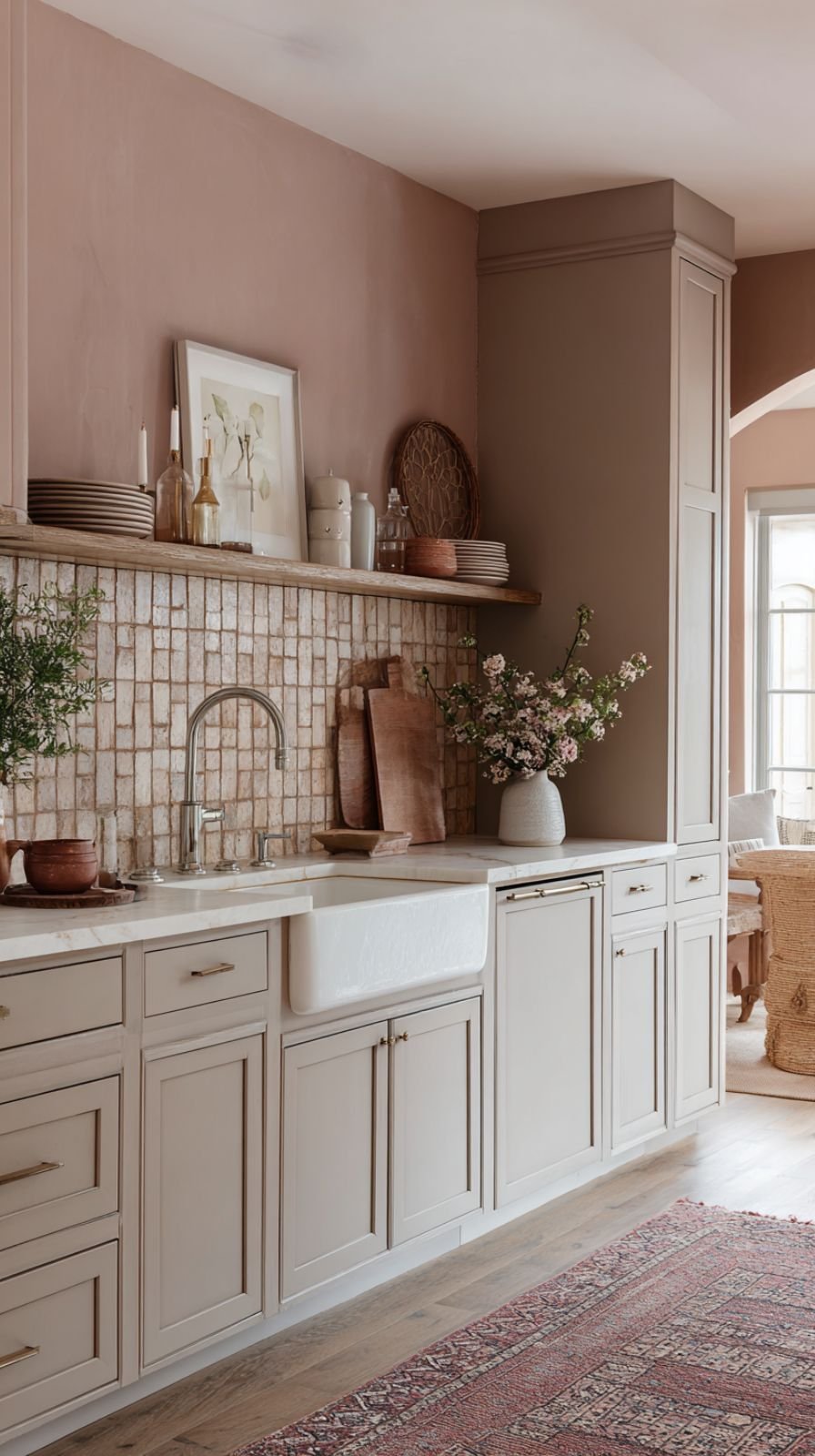 Cozy kitchen with muted clay pink walls and mushroom taupe cabinets 