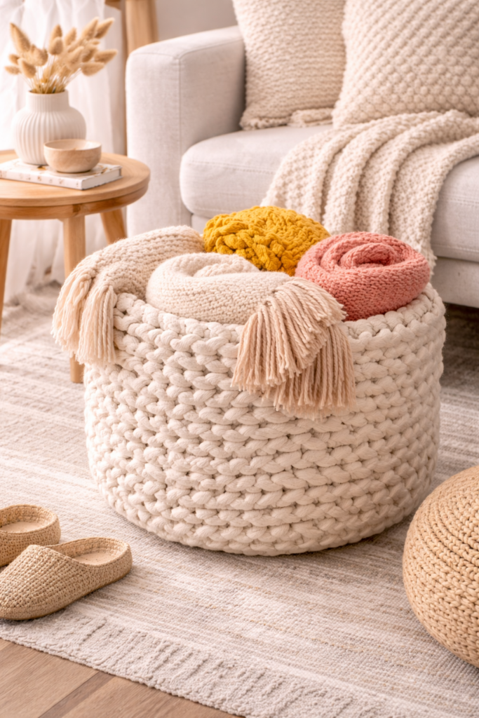 Cozy living room corner with blankets