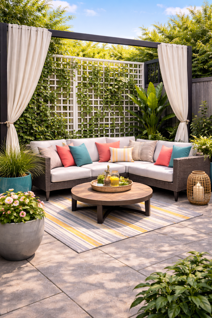 Cozy outdoor patio with vibrant accents