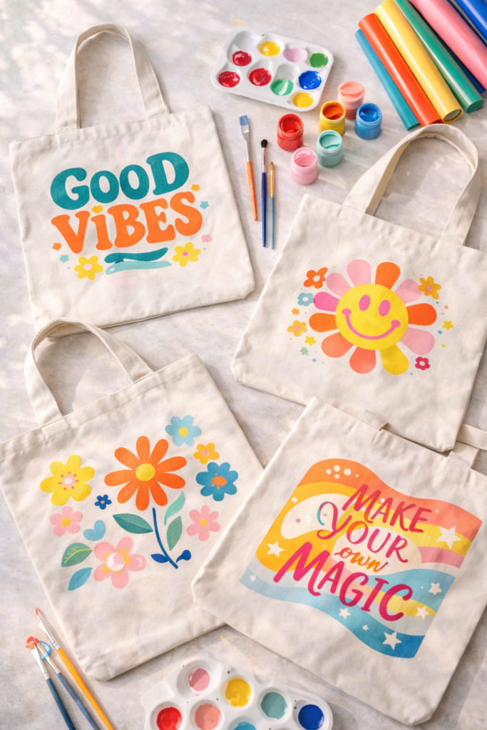 Creative tote bags and art supplies