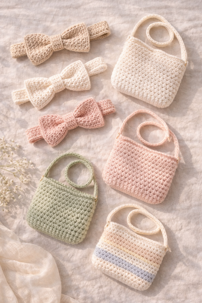 Crochet accessories on beige linen backdrop