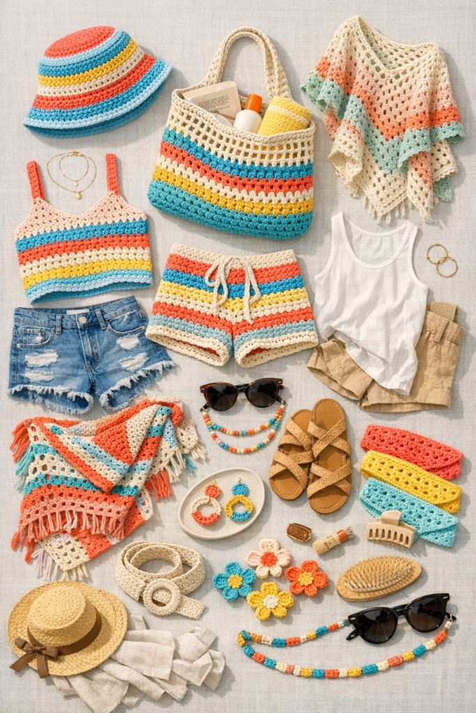 Crochet summer accessories flat lay