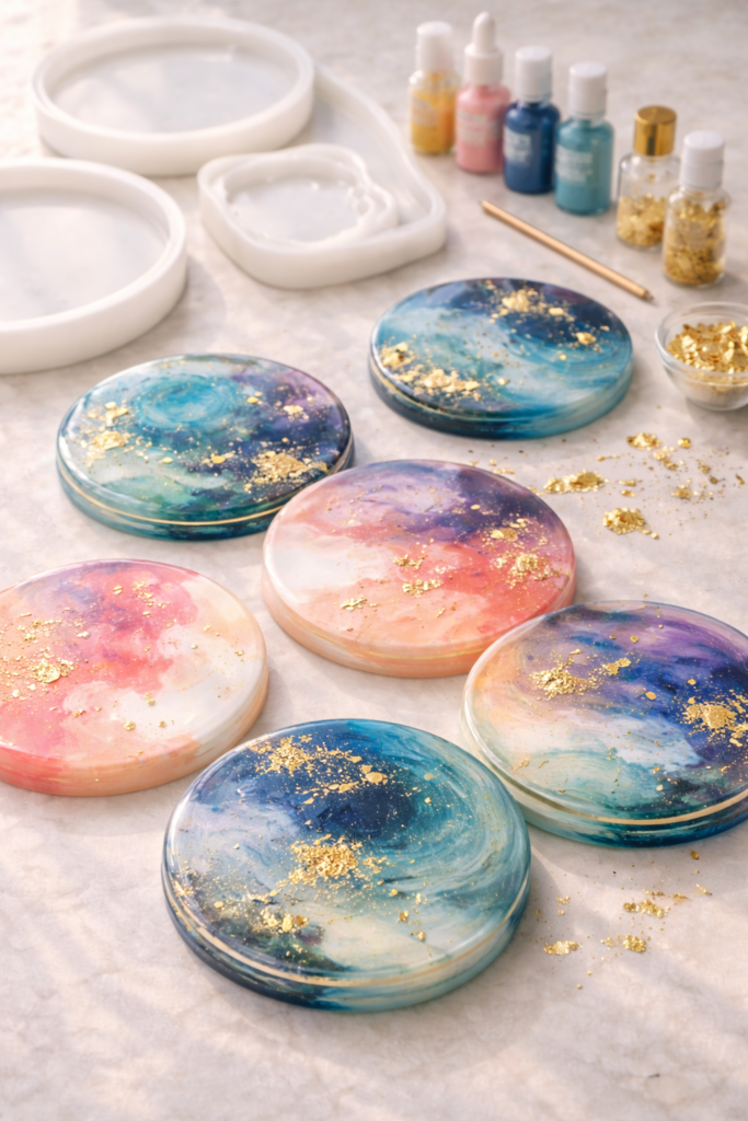 Resin coasters with gold flakes