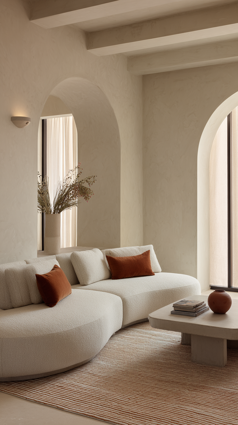 Desert modern one-bedroom apartment with sun-washed neutral palette, curved modular sofa