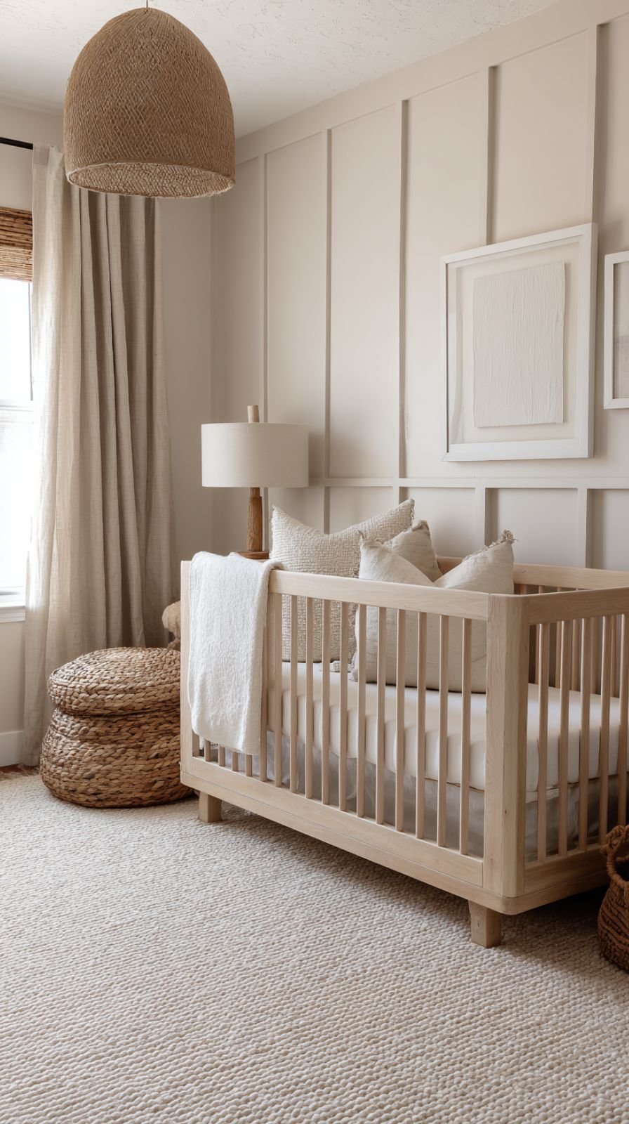 Earthy modern nursery with a soft, grounded palette of warm neutrals and natural textures, clean-lined wood crib in a light natural finish as the focal point