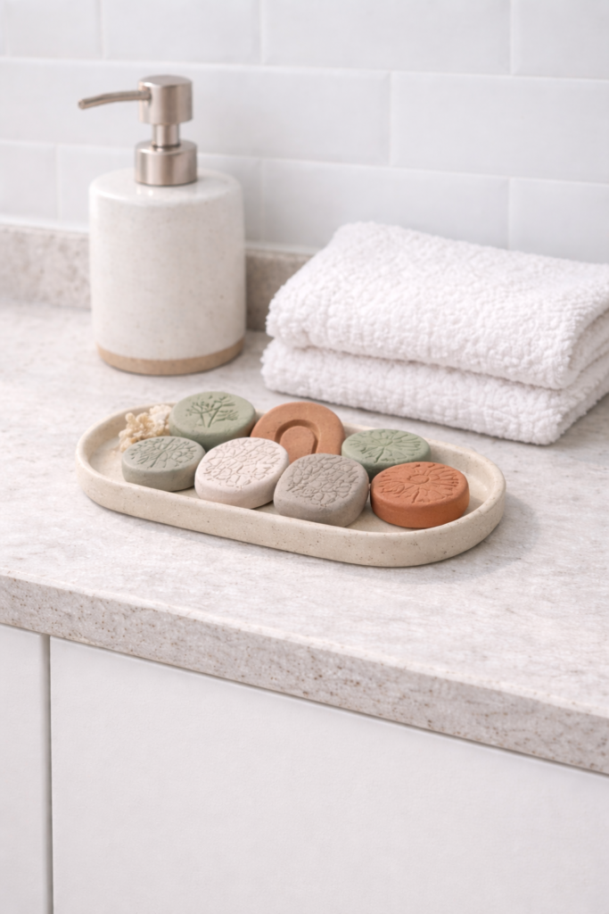 Earthy clay diffuser stones on tray