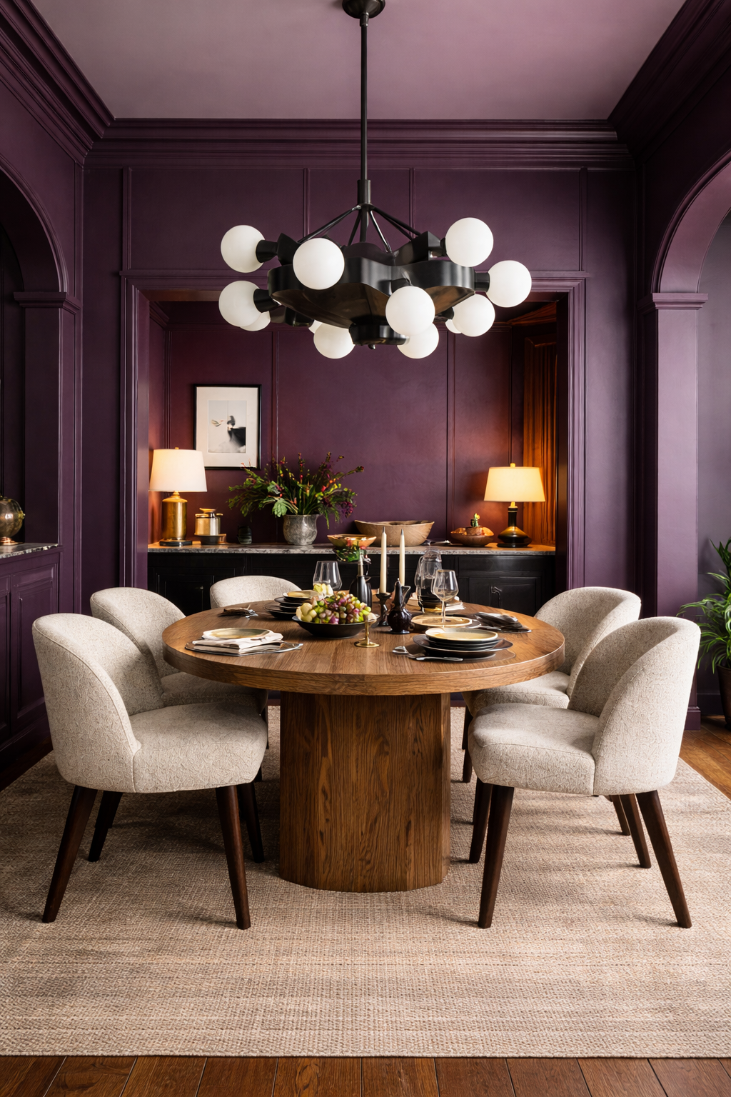 Elegant aubergine dining room setting - color-drenched interior ideas