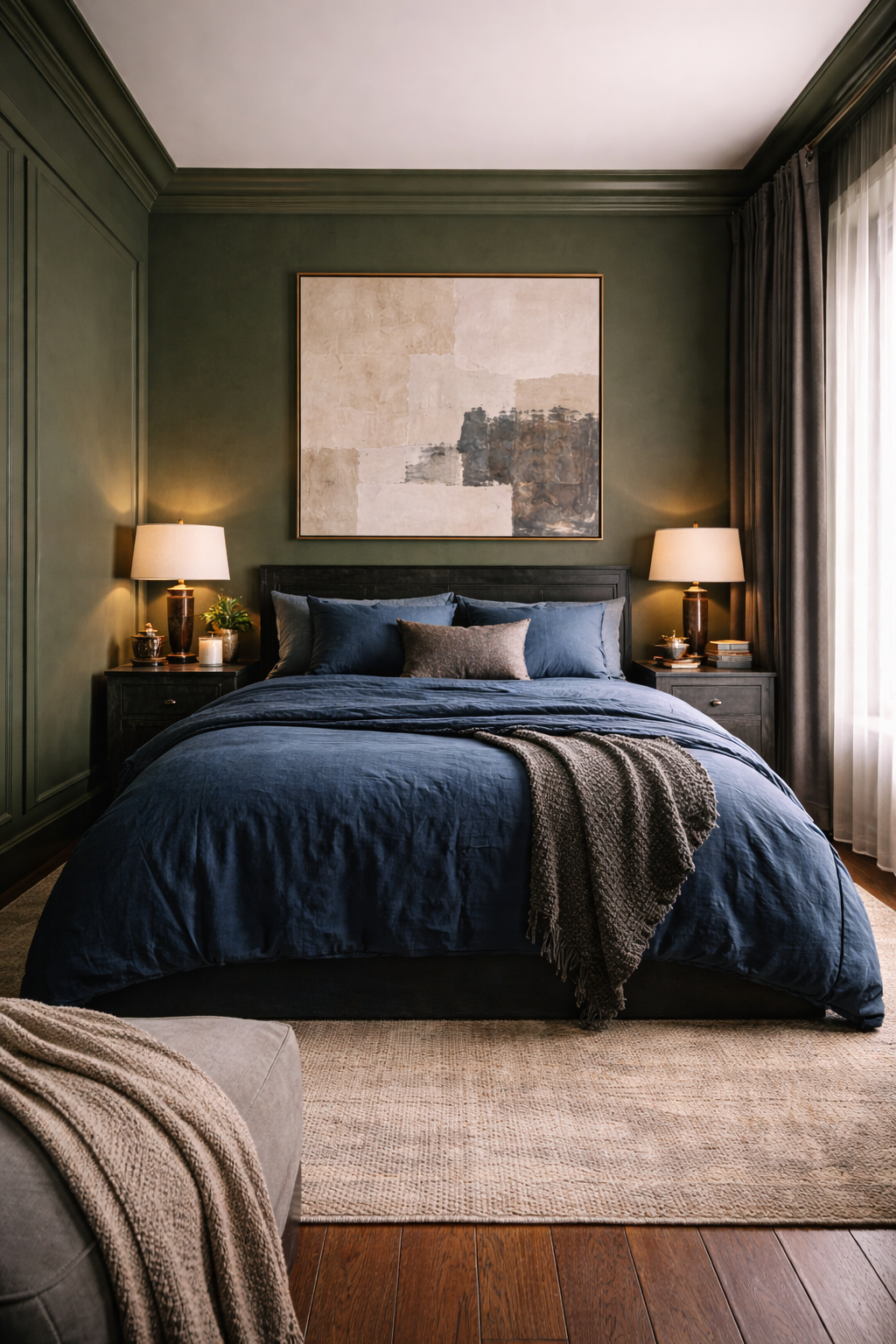 Elegant bedroom with moss green accents