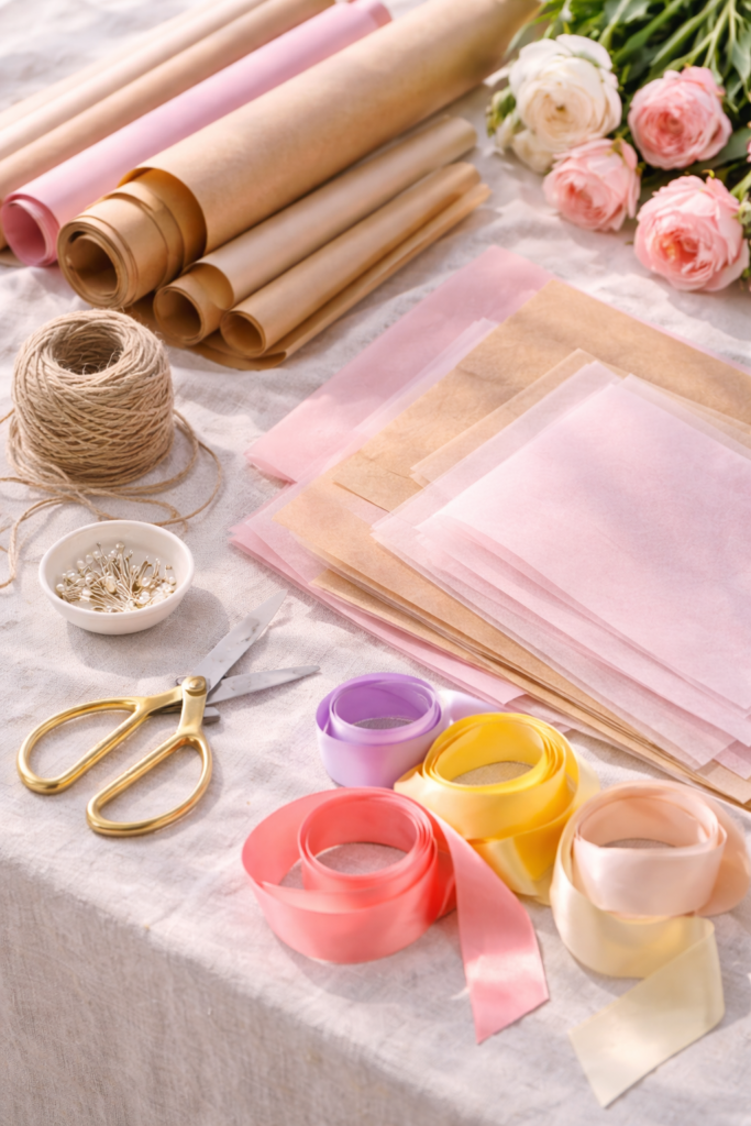 Elegant bouquet wrapping supplies arrangement