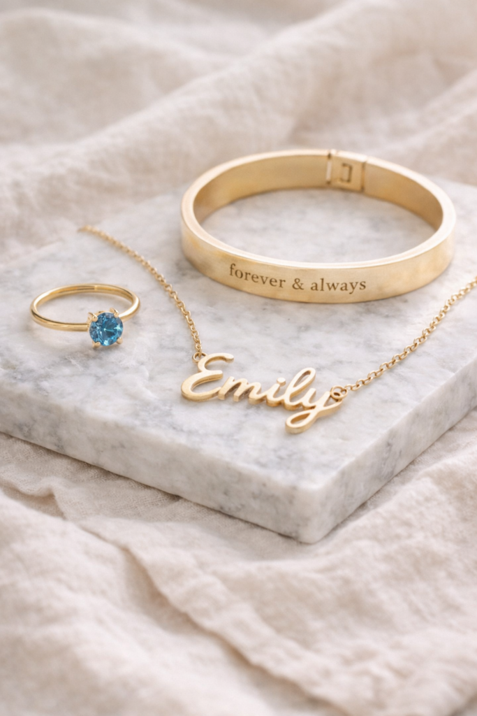 Elegant gold jewelry on marble tray - Mother's Day Gift Ideas