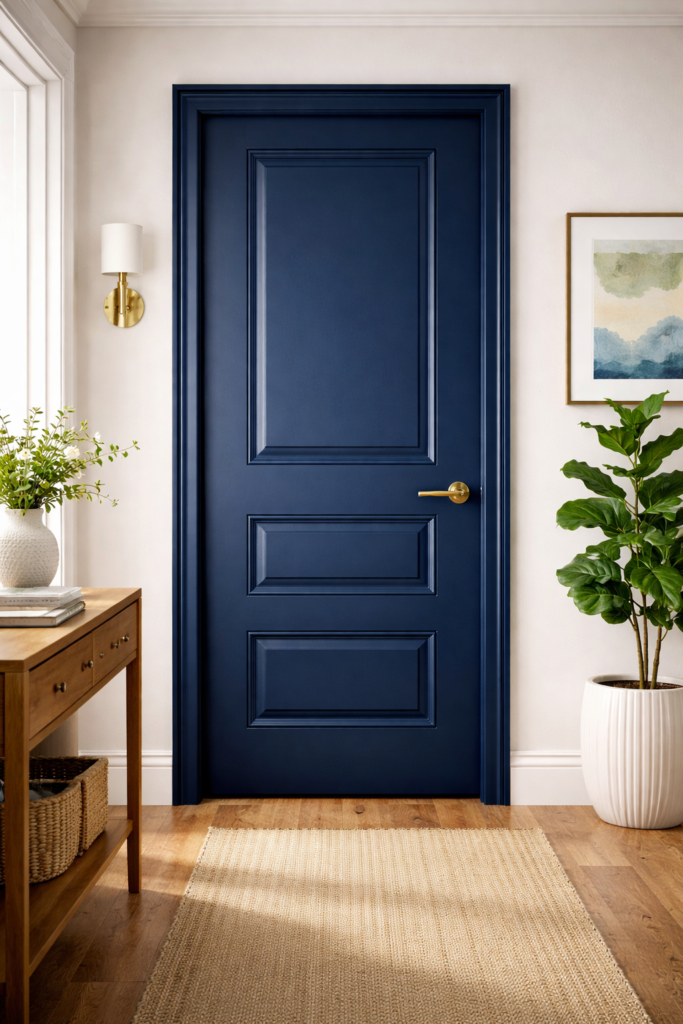 Elegant navy blue door in airy hallway
