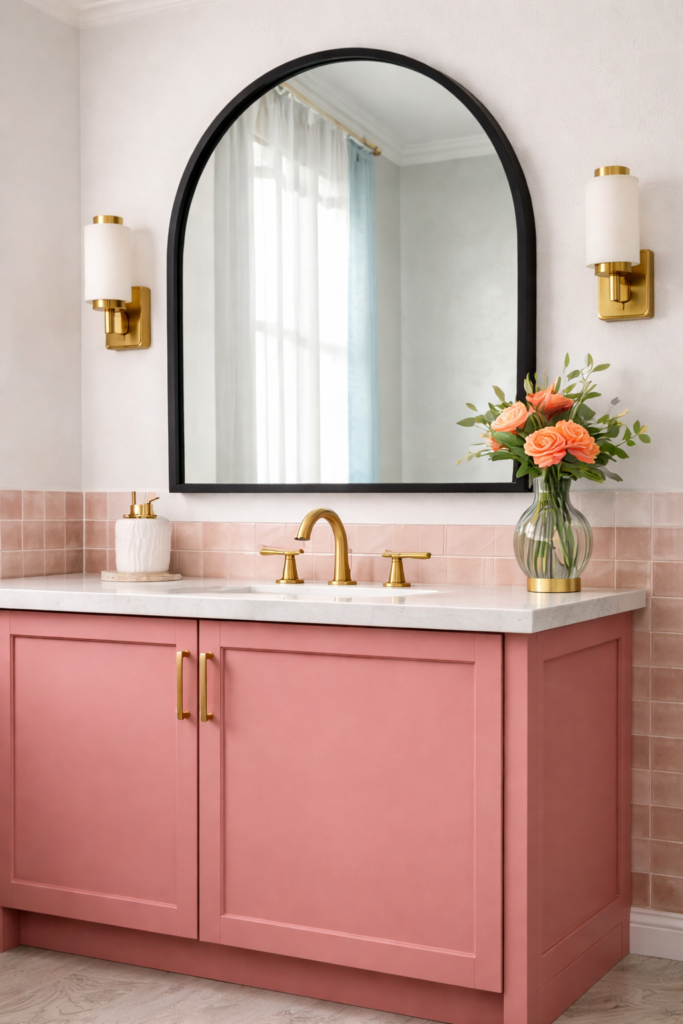 Elegant pink vanity with floral accents