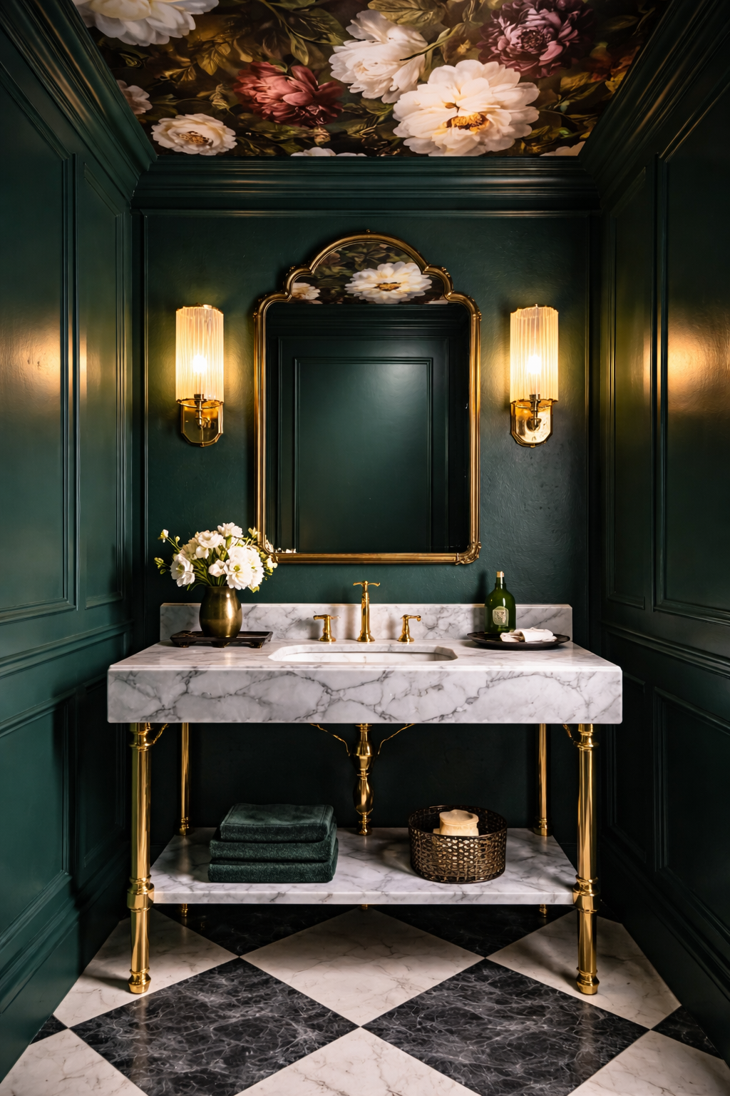 Elegant powder room with floral ceiling