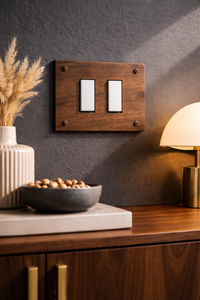 Elegant walnut switch plate and decor